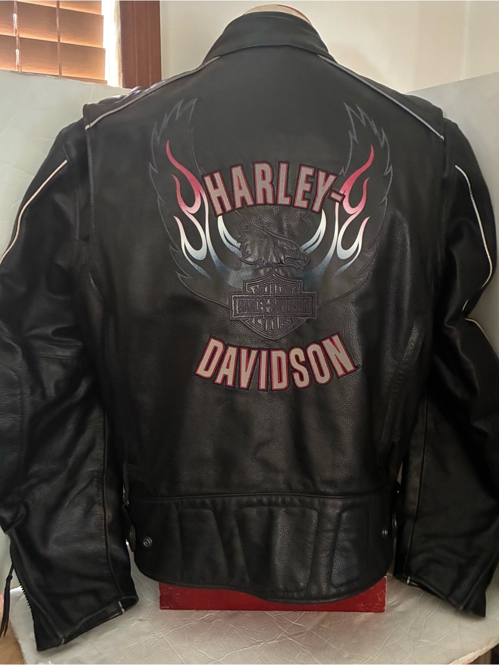 Harley-Davidson Black Leather Jacket with Red and White Flame Logo